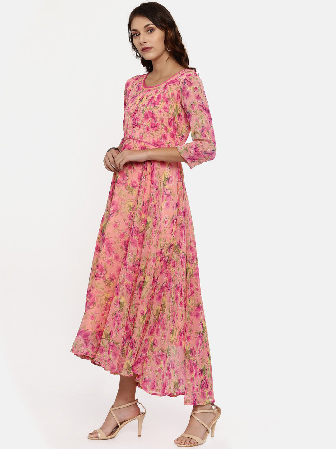 Souchii Women Pink & Yellow Floral Printed Fit & Flare Dress