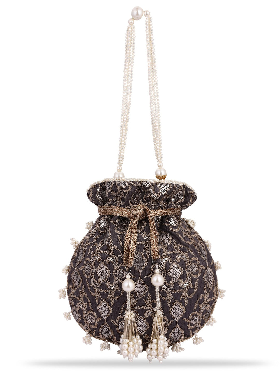 Masq Black & White Pearl & Sequinned Work Embellished Potli Clutch