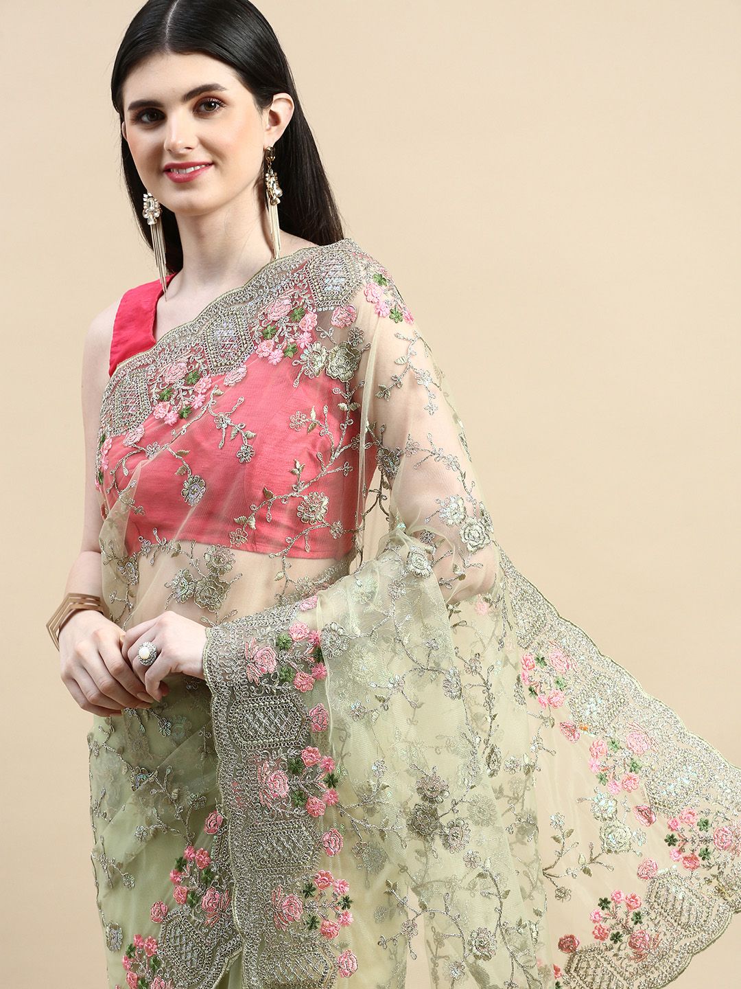 kasee Floral Embroidered Zari Net Saree