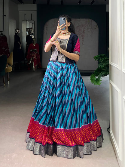 Lorenvalley Fashion Firozi Tasar Silk Leheriya Print With Zari Weaving Work Lehenga Choli