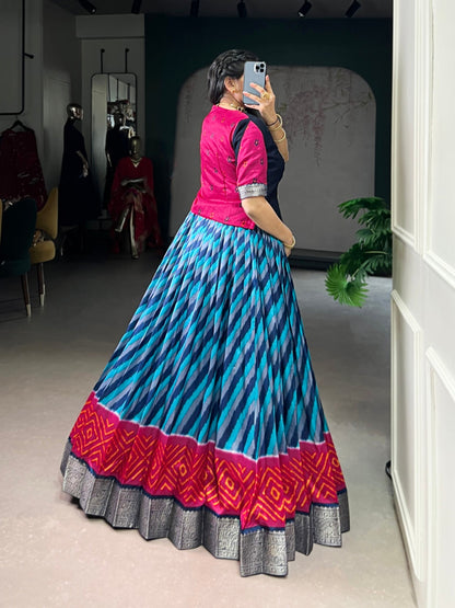 Lorenvalley Fashion Firozi Tasar Silk Leheriya Print With Zari Weaving Work Lehenga Choli