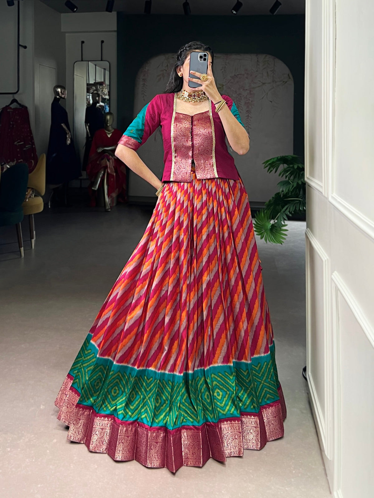 Lorenvalley Fashion Red Tasar Silk Leheriya Print With Zari Weaving Work Lehenga Choli
