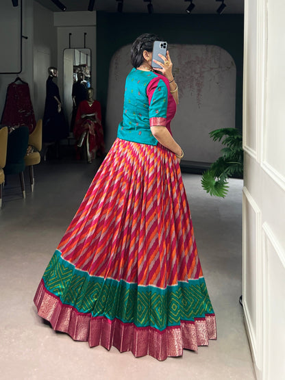 Lorenvalley Fashion Red Tasar Silk Leheriya Print With Zari Weaving Work Lehenga Choli