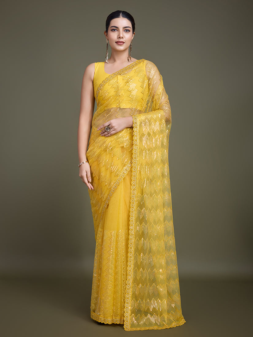 Monjolika Fashion Sequin Yellow Color Net Ultimate Party Wear Fashion Saree