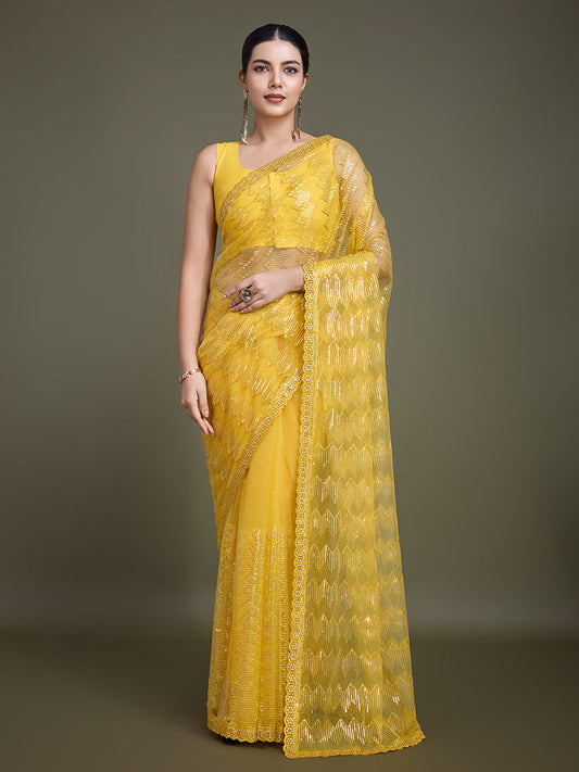 Monjolika Fashion Sequin Yellow Color Net Ultimate Party Wear Fashion Saree