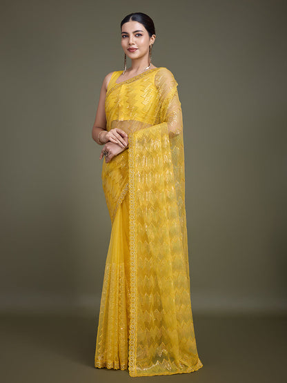 Monjolika Fashion Sequin Yellow Color Net Ultimate Party Wear Fashion Saree