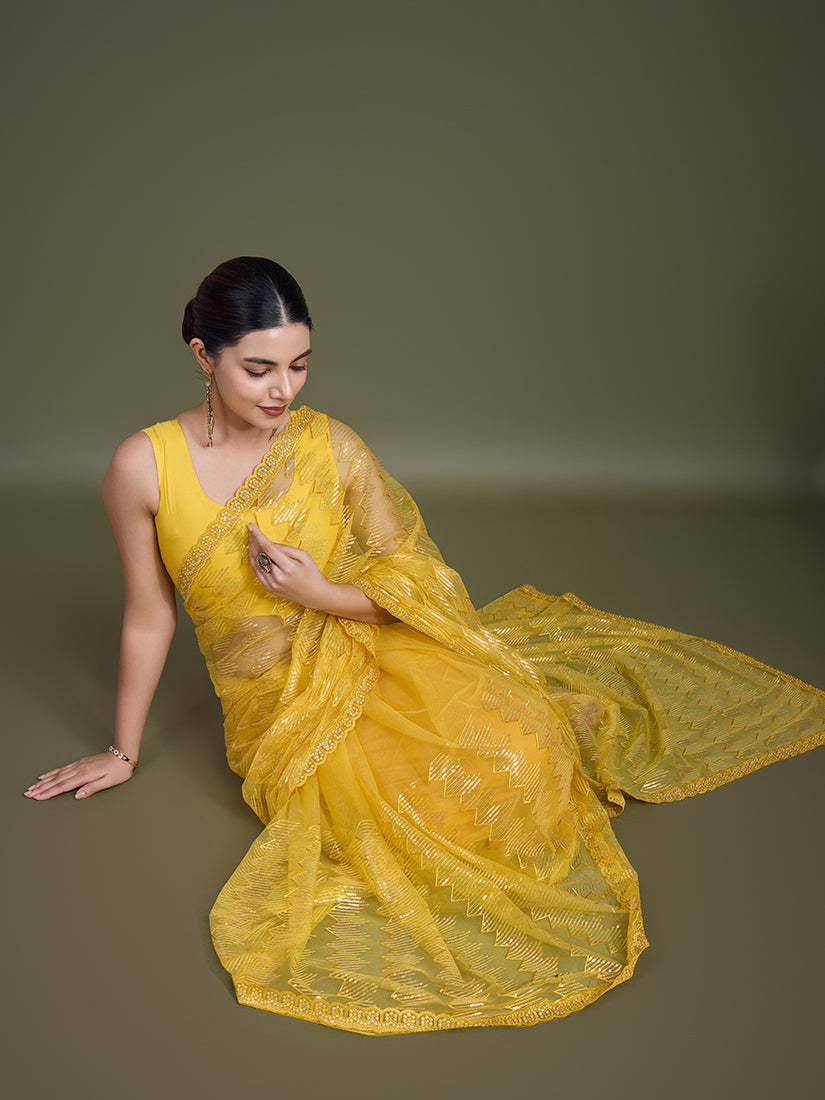 Monjolika Fashion Sequin Yellow Color Net Ultimate Party Wear Fashion Saree