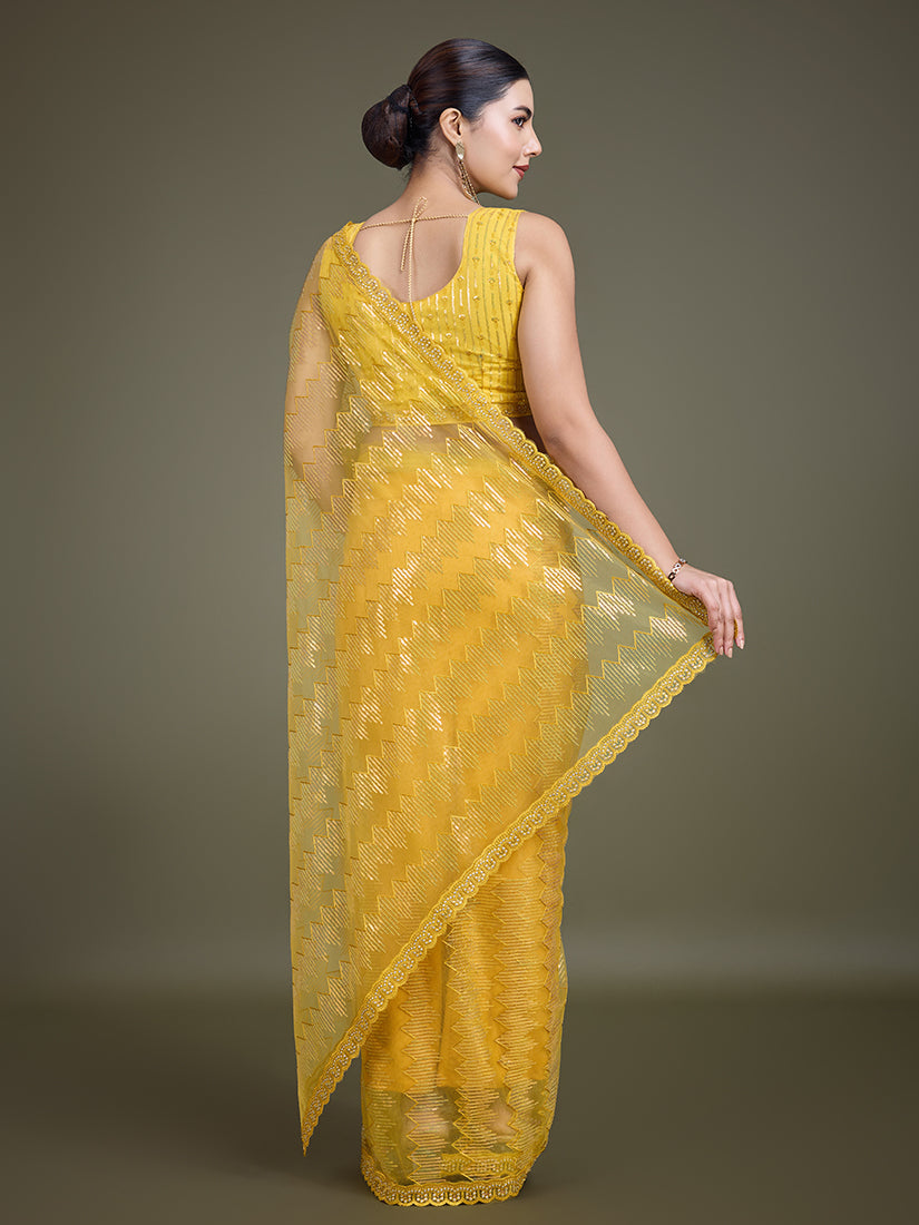 Monjolika Fashion Sequin Yellow Color Net Ultimate Party Wear Fashion Saree