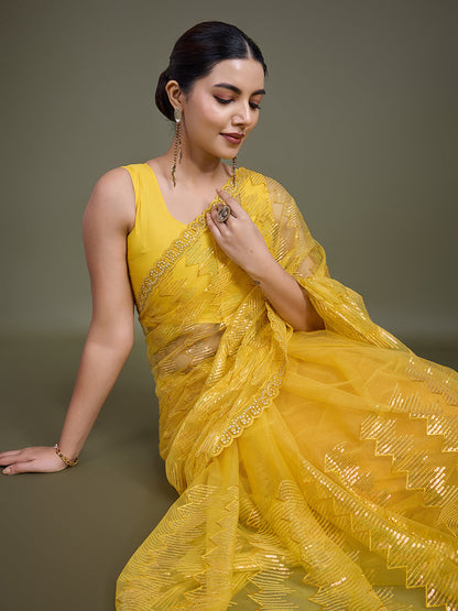 Monjolika Fashion Sequin Yellow Color Net Ultimate Party Wear Fashion Saree