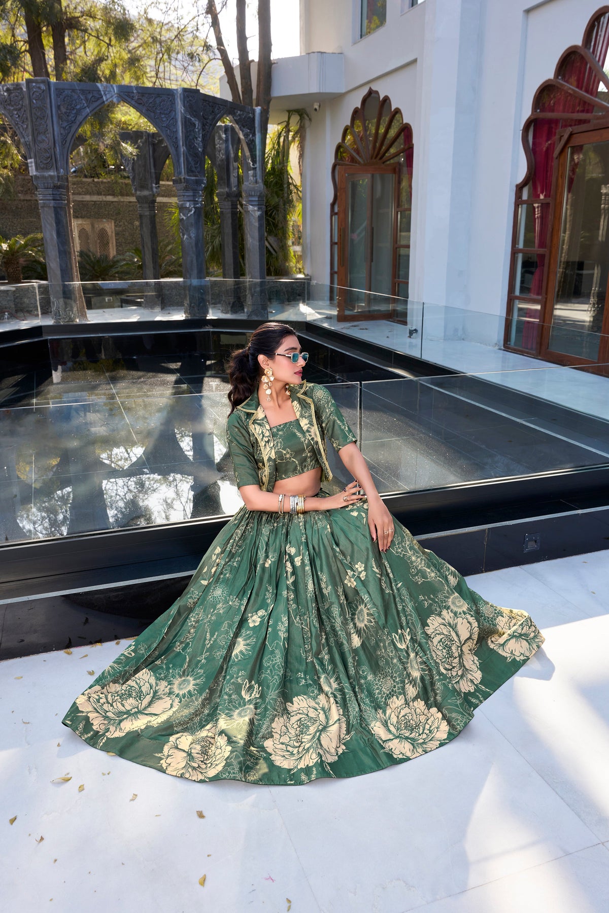 Lorenvalley Green Tussar Silk Floral Print Lehenga Choli with Koti