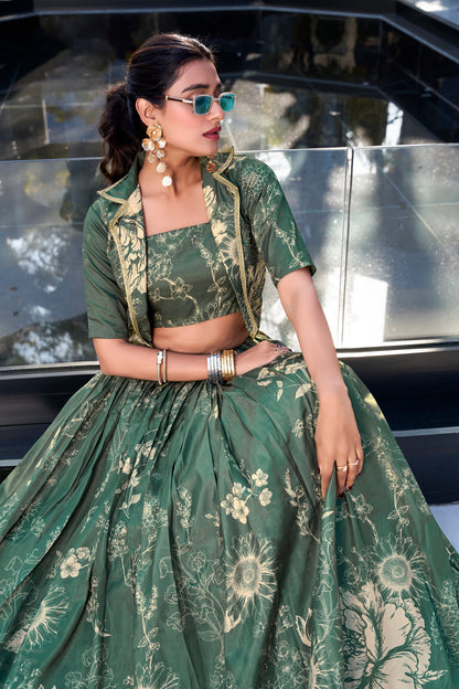 Lorenvalley Green Tussar Silk Floral Print Lehenga Choli with Koti