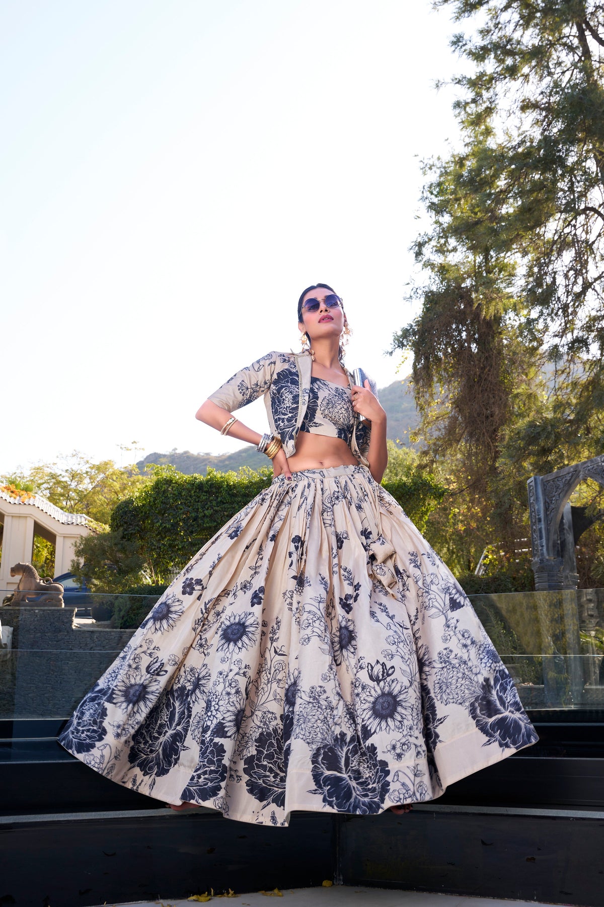 Lorenvalley Offwhite Tussar Silk Floral Print Lehenga Choli with Koti