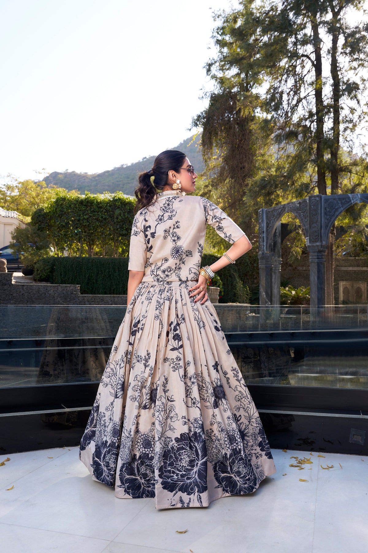 Lorenvalley Offwhite Tussar Silk Floral Print Lehenga Choli with Koti