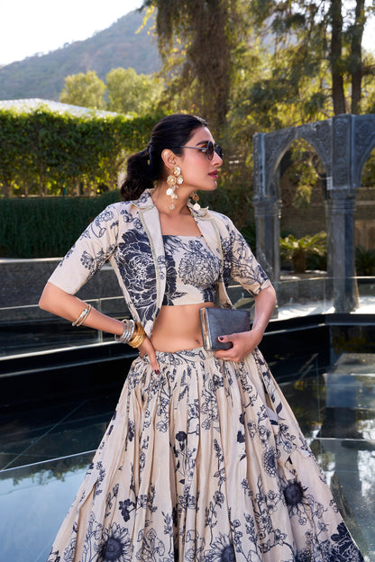 Lorenvalley Offwhite Tussar Silk Floral Print Lehenga Choli with Koti