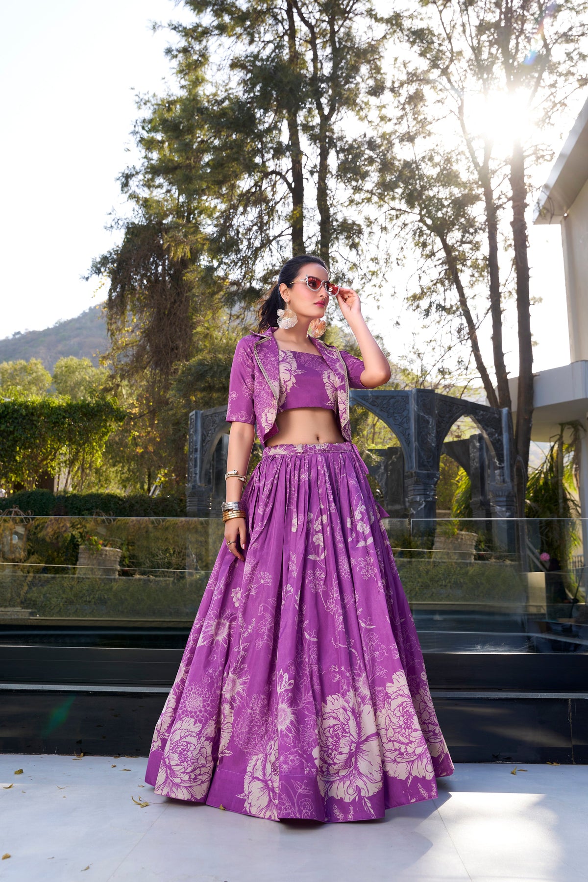 Lorenvalley Purple Tussar Silk Floral Print Lehenga Choli with Koti