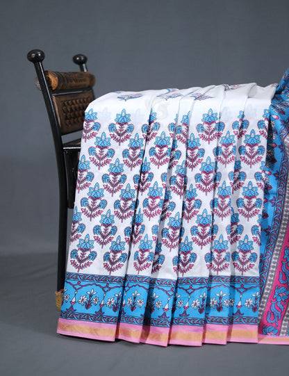 White And Cloud Blue Printed Cotton Sareecotton Saree-C569 By Gayathri Reddy Designer Studio