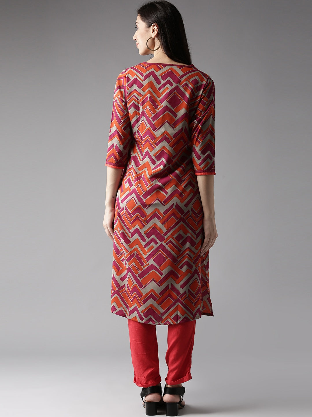 HERE&NOW Women Orange & Grey Printed Straight Kurta