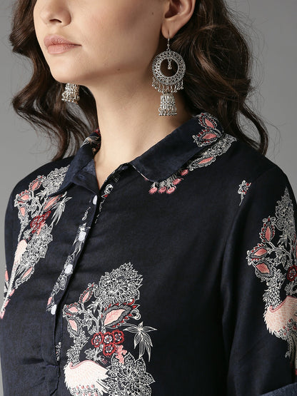 HERE&NOW Women Navy Printed Straight Kurta