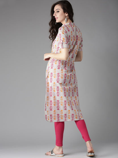 HERE&NOW Women Grey & Pink Printed Straight Kurta