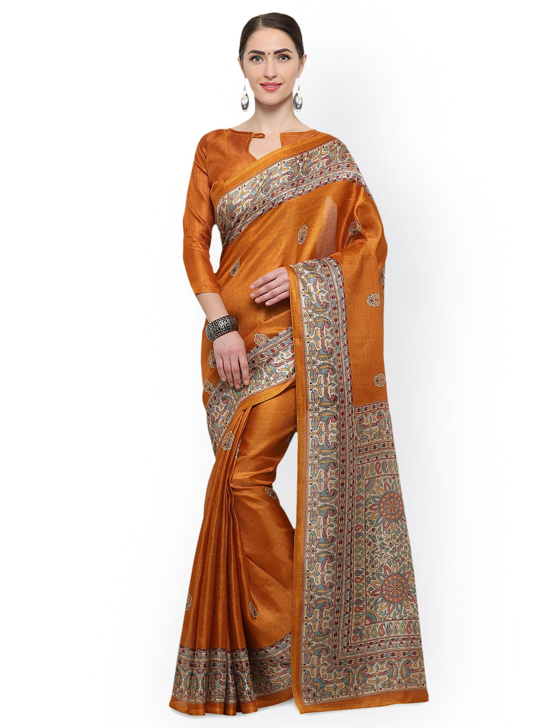 Saree Mall Mustard Art Silk Printed Bhagalpuri Saree