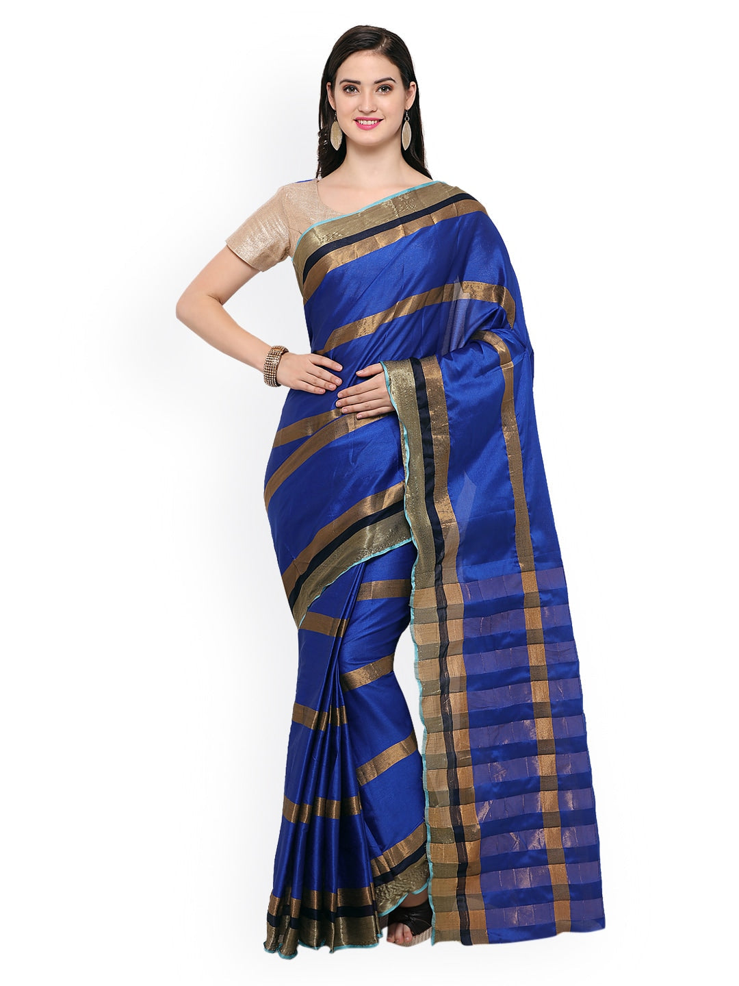 Saree Mall Blue Striped Silk Blend Saree