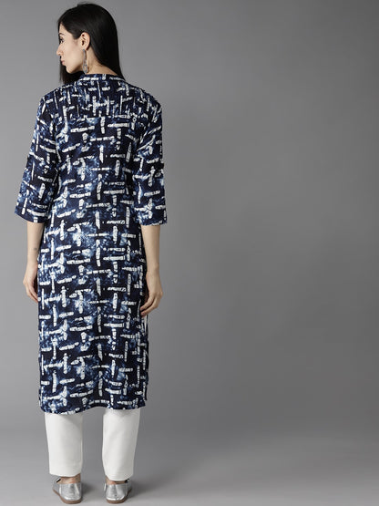 HERE&NOW Women Navy Blue & Off-White Printed Straight Kurta