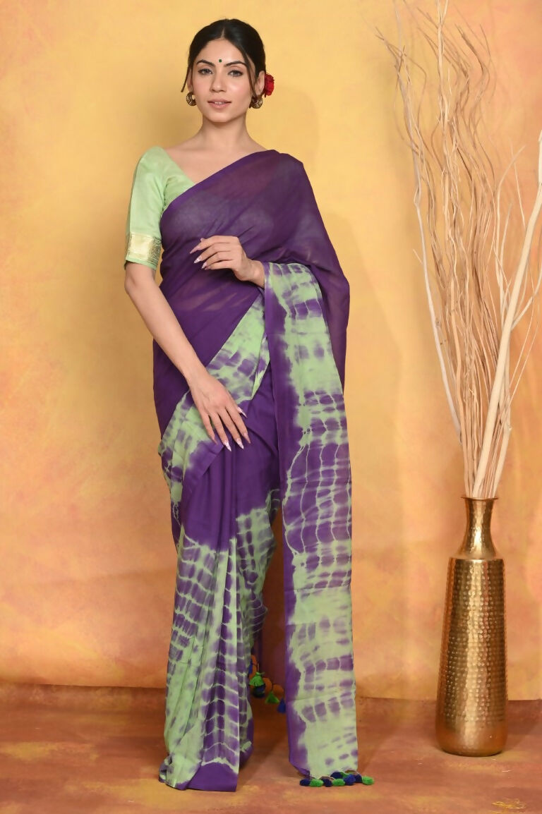 Very Much Indian Tie & Dye Handloom Mul Cotton Saree - Blue Green