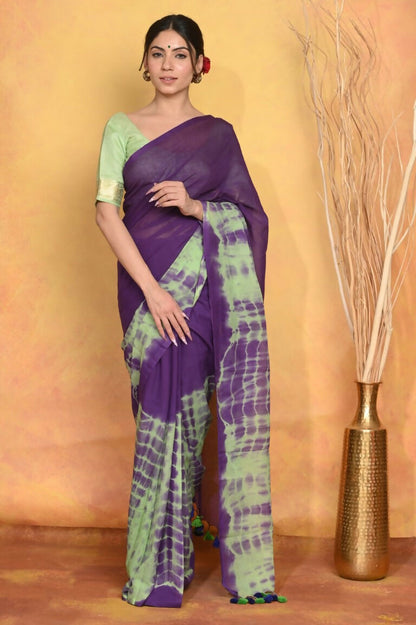 Very Much Indian Tie & Dye Handloom Mul Cotton Saree - Blue Green