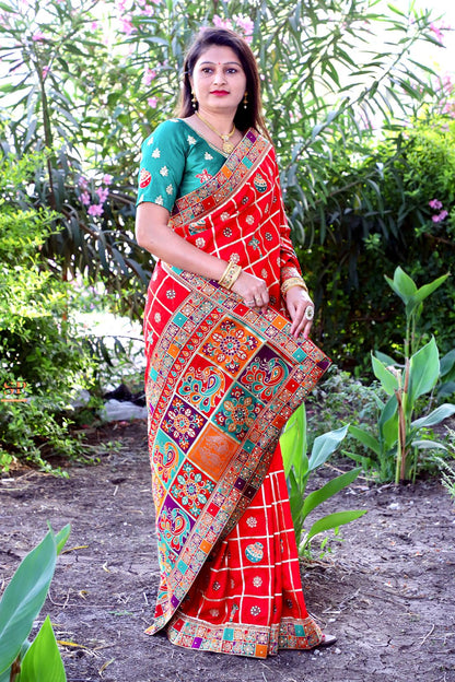 Lorenvalley Fashion Premium Red Dola Silk Embroidery and Diamond work with Jacquard Lace Border Saree