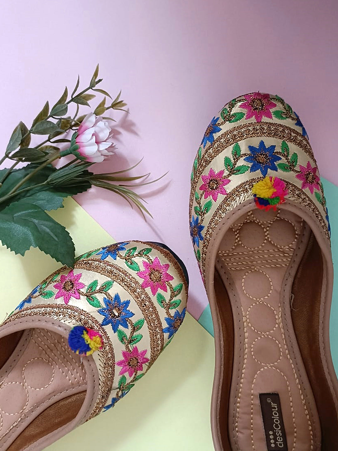 Desi Colour Women Indian Ethnic Footwear-Floral Gold