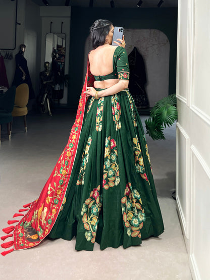 Lorenvalley Green Tussar Silk Printed And Foil Work With Lace Touch Up Lehenga Choli with Dupatta