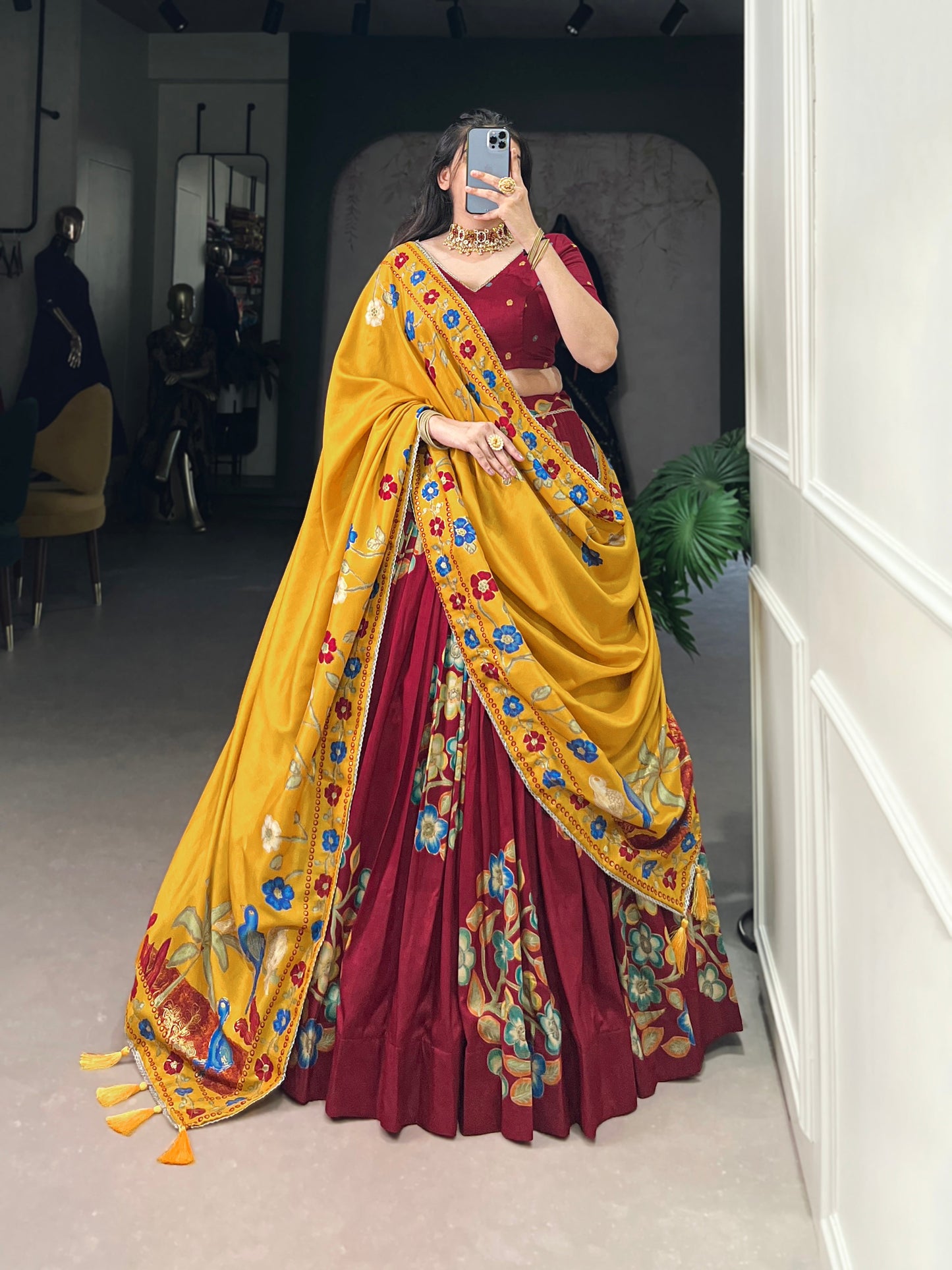 Lorenvalley Maroon Tussar Silk Printed And Foil Work With Lace Touch Up Lehenga Choli with Dupatta