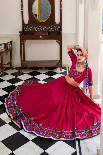 Lorenvalley Fashion Pink Tasar Silk Gamthi Print With Embossed Design And Gotta Patti Lace Touch Up Lehenga Choli with Dupatta