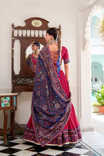Lorenvalley Fashion Pink Tasar Silk Gamthi Print With Embossed Design And Gotta Patti Lace Touch Up Lehenga Choli with Dupatta