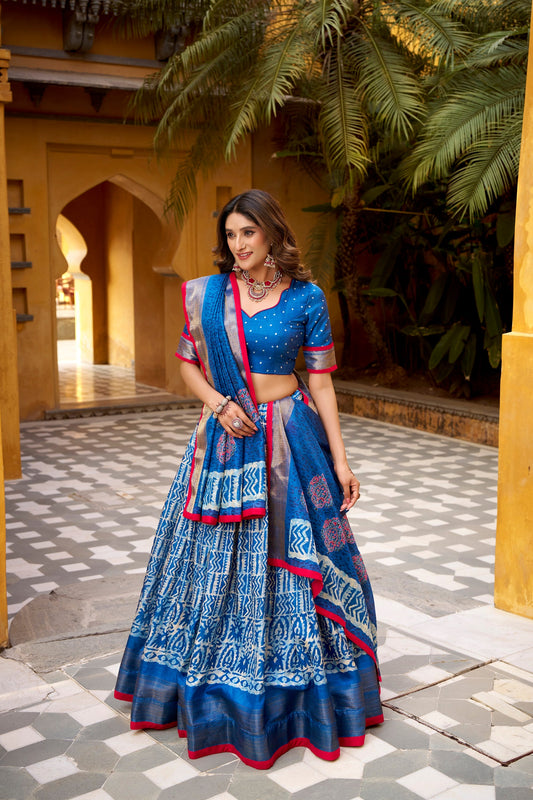 Lorenvalley Fashion Blue Dola Silk Batik Print with Zari Weaving Work Lehenga Choli with Dupatta