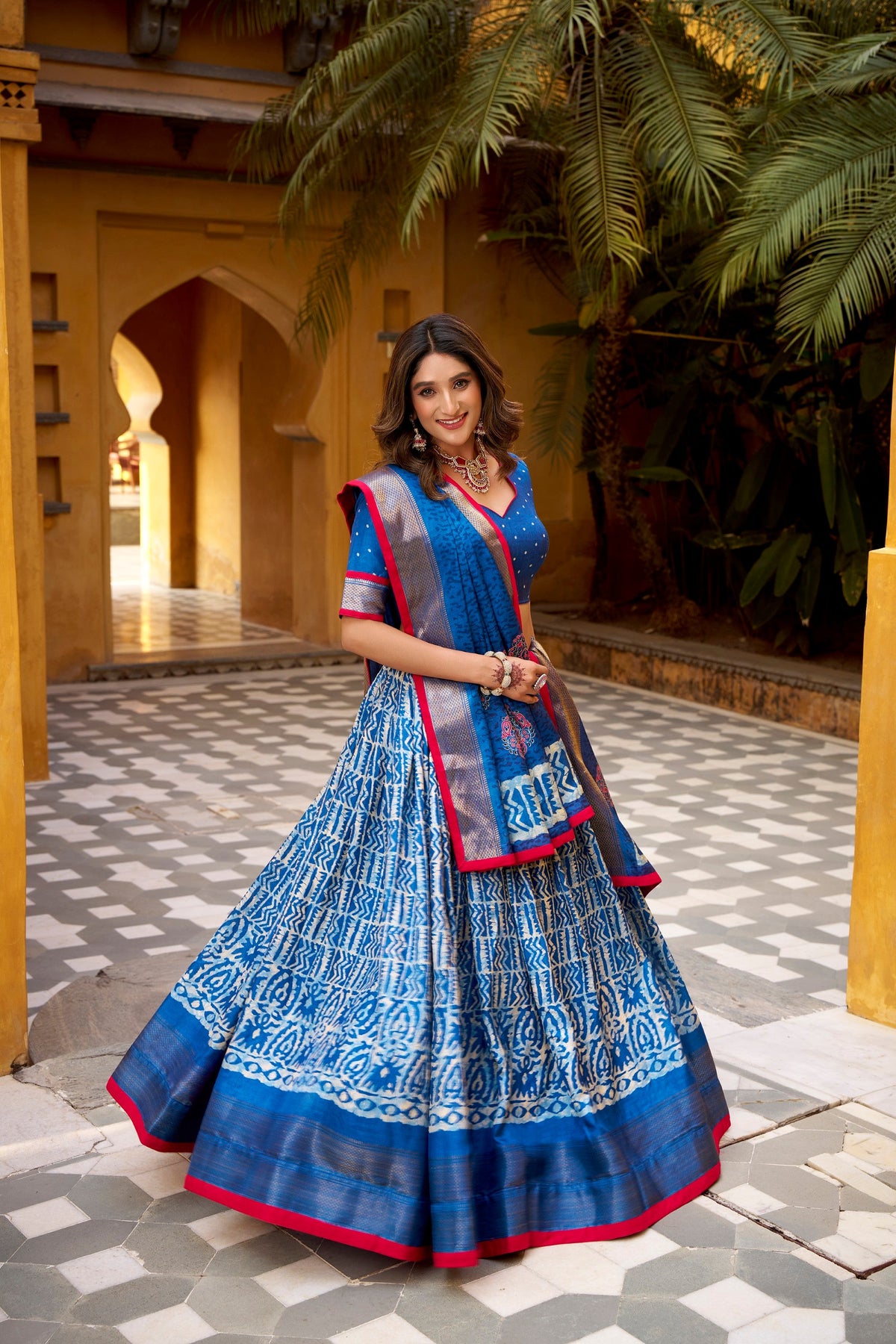 Lorenvalley Fashion Blue Dola Silk Batik Print with Zari Weaving Work Lehenga Choli with Dupatta