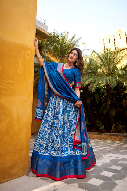 Lorenvalley Fashion Blue Dola Silk Batik Print with Zari Weaving Work Lehenga Choli with Dupatta