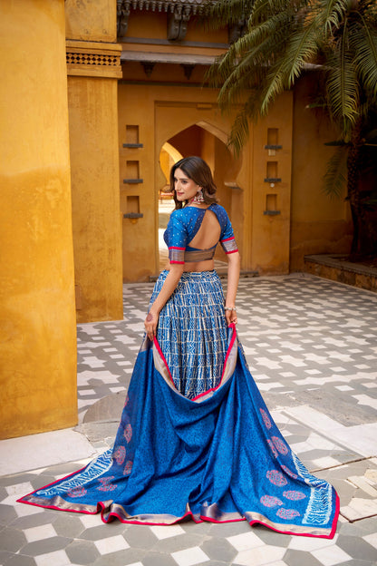 Lorenvalley Fashion Blue Dola Silk Batik Print with Zari Weaving Work Lehenga Choli with Dupatta