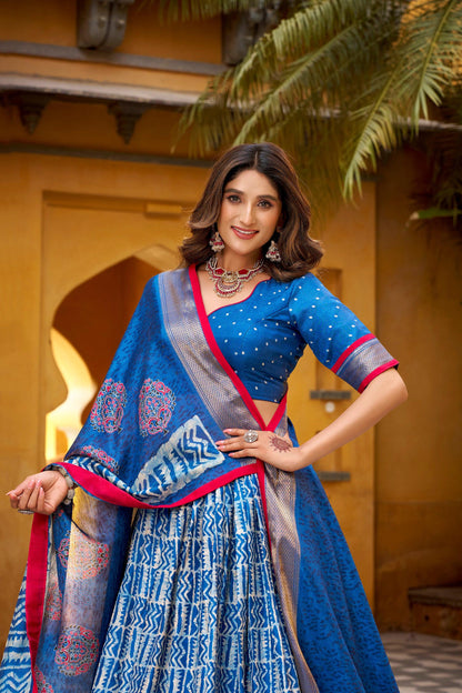 Lorenvalley Fashion Blue Dola Silk Batik Print with Zari Weaving Work Lehenga Choli with Dupatta