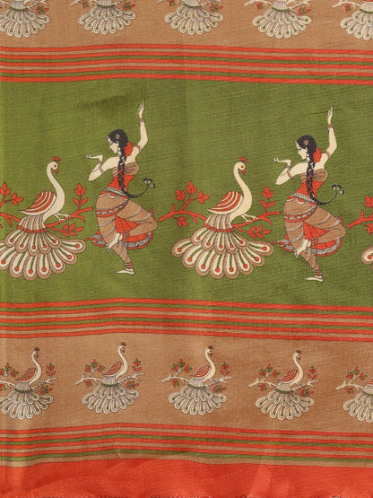Saree Mall Rust Red & Green Printed Saree