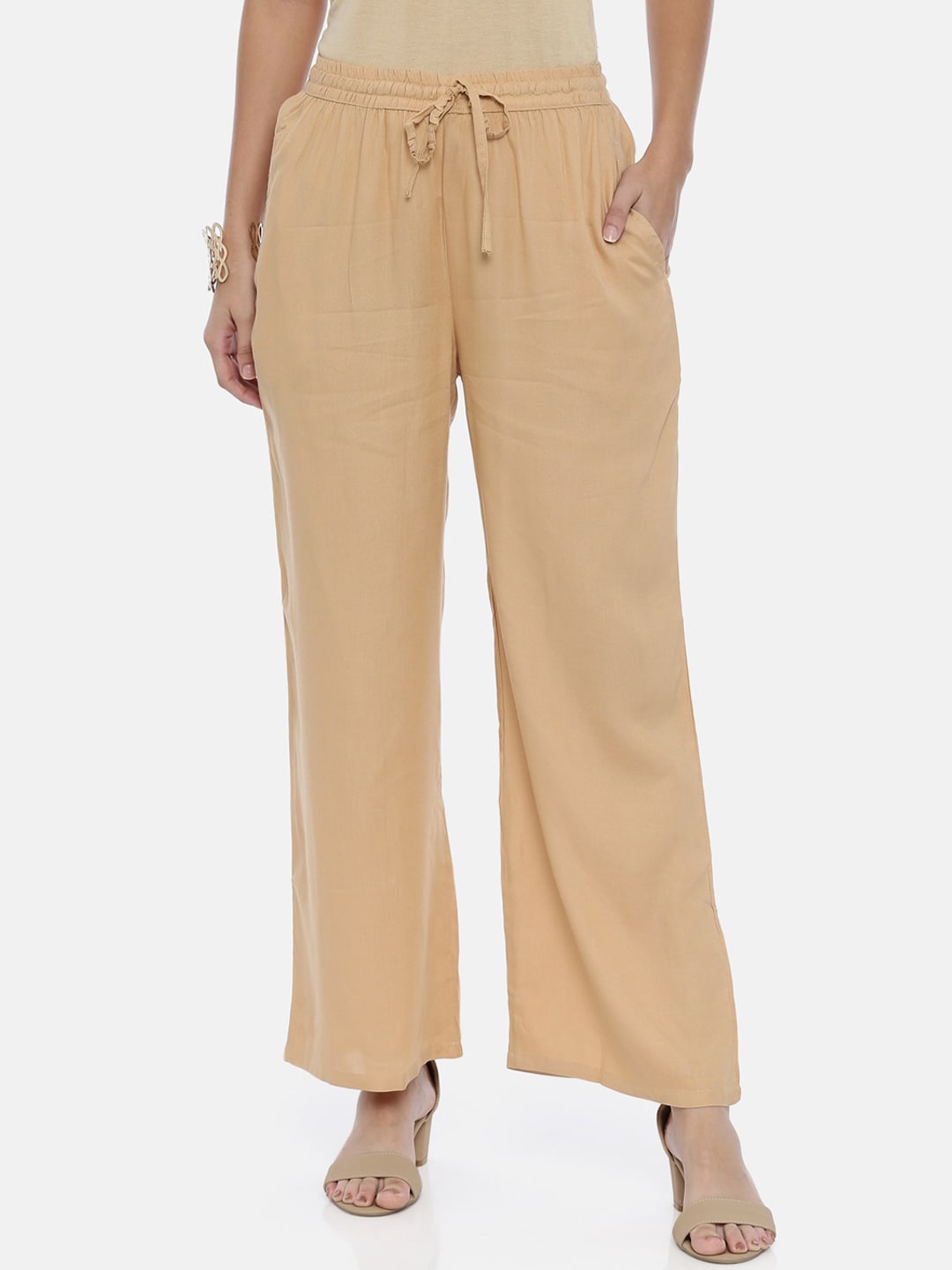 Souchii Beige Solid Flared Palazzos