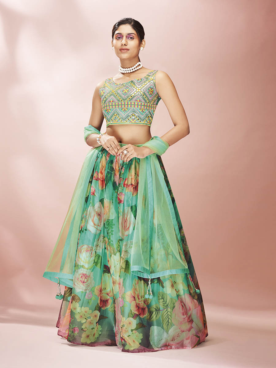 Myra Green Art Silk Embroidered Mirror Work Lehenga