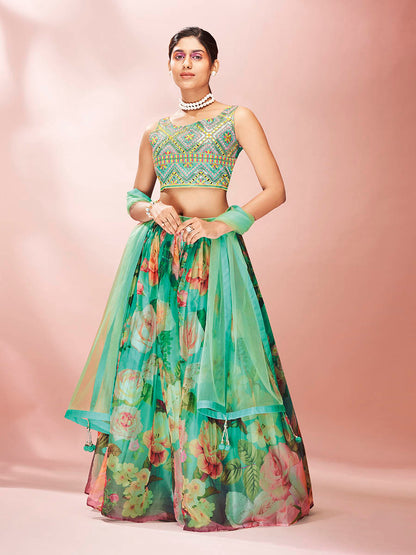 Myra Green Art Silk Embroidered Mirror Work Lehenga