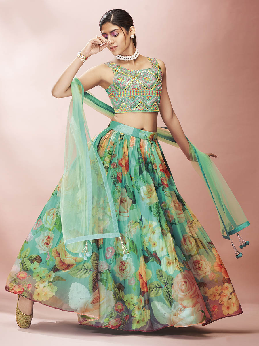 Myra Green Art Silk Embroidered Mirror Work Lehenga