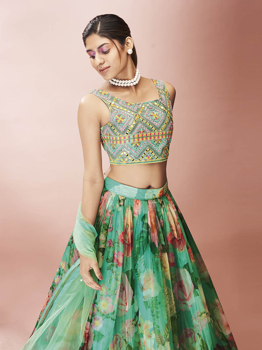 Myra Green Art Silk Embroidered Mirror Work Lehenga