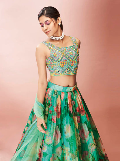 Myra Green Art Silk Embroidered Mirror Work Lehenga