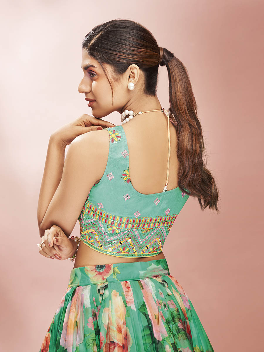 Myra Green Art Silk Embroidered Mirror Work Lehenga