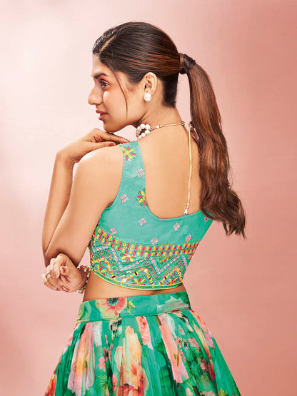 Myra Green Art Silk Embroidered Mirror Work Lehenga