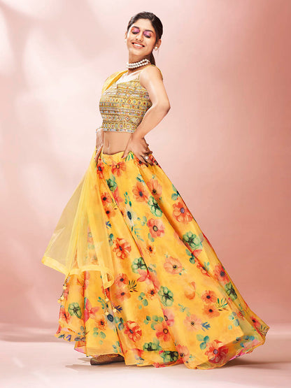 Myra Yellow Art Silk Embroidered Mirror Work Lehenga