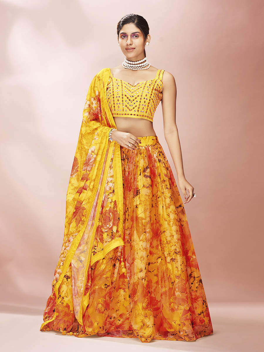 Myra Yellow Art Silk Embroidered Mirror Work Lehenga For Women